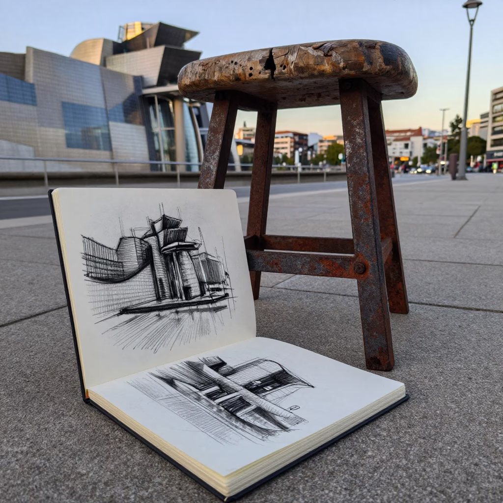 Rustic Stool and Charcoal Sketchbook on Bilbao Street at Sunset in in Bilbao, Spain