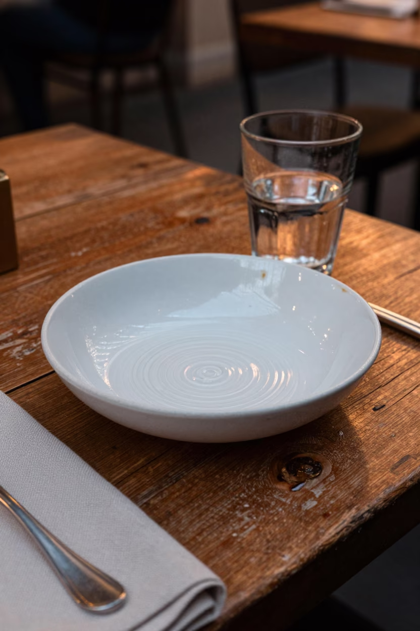 Rustic Table Setting with Water Rings and Linen Fringe in Budapest Dusk Light in in Budapest, Hungary