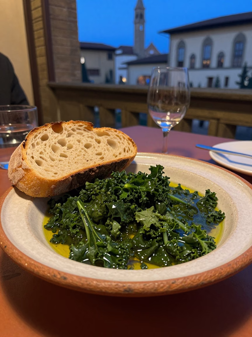 Rustic Tuscan Dinner Plate of Ribollita and Bread in Early Evening Florence in in Florence, Italy