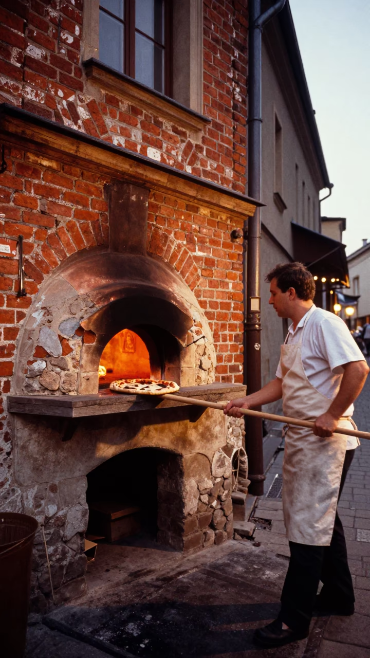 Rustic Wood-Fired Pizza Being Pulled From Brick Oven in Krakow Before Dusk in in Krakow, Poland