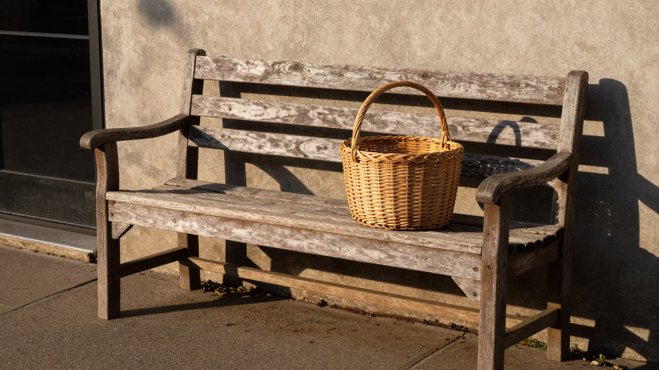 Rustic Wooden Bench with Woven Basket in Nashville Tennessee Late Afternoon in in Nashville, Tennessee, United States