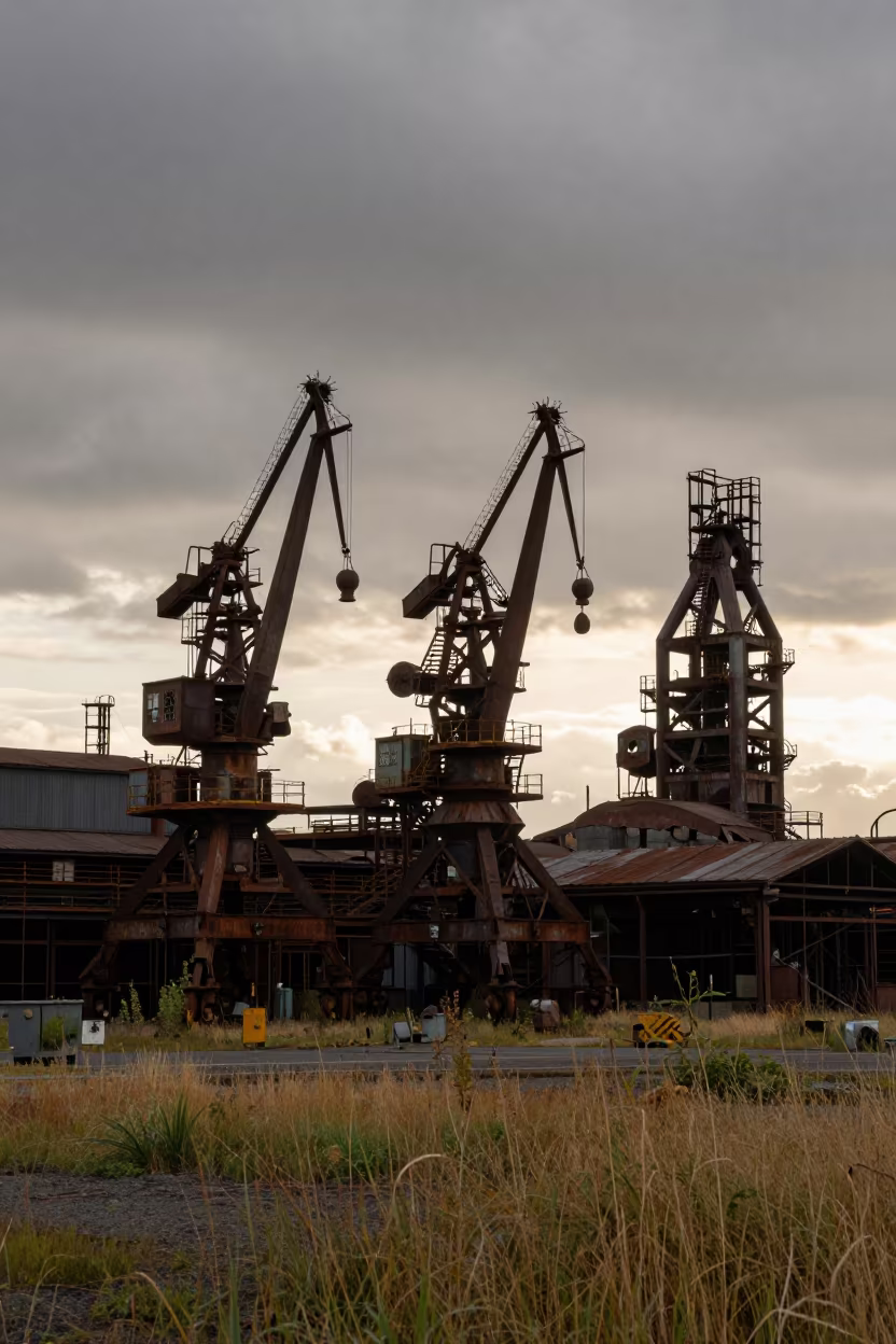 Rusting Cranes in Anchorage Evening Light in through a courtyard reclaimed by grasses near Anchorage