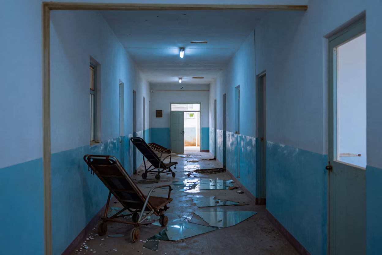 Rusting Gurneys in Decaying Hospital Hallway in along a ward corridor with broken glass and falling plaster near Koudougou