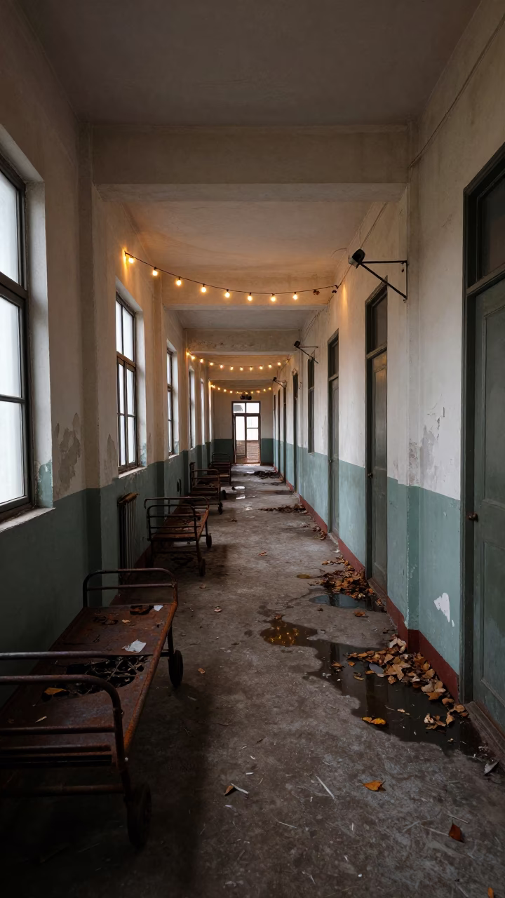 Rusting Gurneys in Derelict Anhui Hospital Hallway in along a derelict corridor with peeled paint and pooled water in Anhui