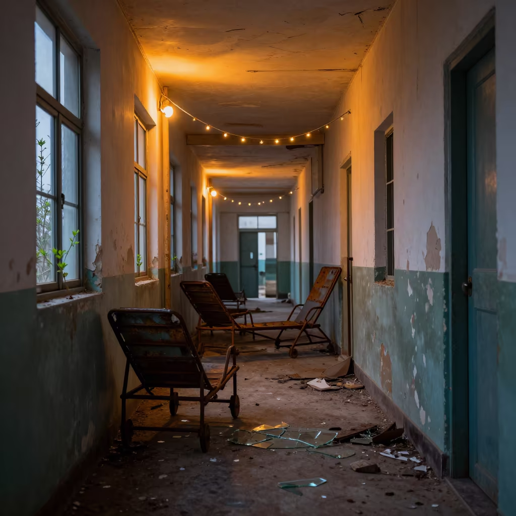 Rusting Gurneys in Predawn Military Hospital Hallway in through a shattered institutional hallway with debris underfoot near Ben Guerir