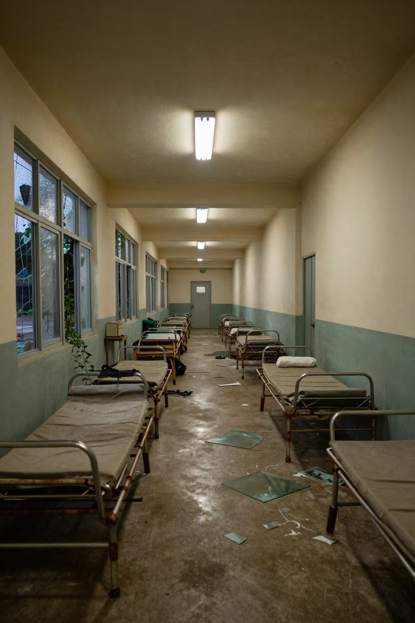 Rusting Gurneys in Thai Hospital Corridor in along a ward corridor with broken glass and falling plaster in Thailand
