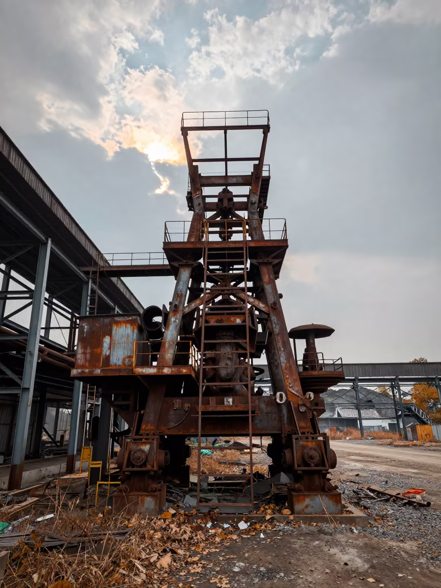 Rusting Ore Crusher in Abandoned Hangzhou Quarry in beside exposed structural steel near Hangzhou
