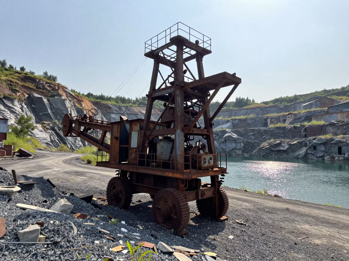 Rusting Ore Crusher in Active Ningbo Quarry in across an active works site near Ningbo