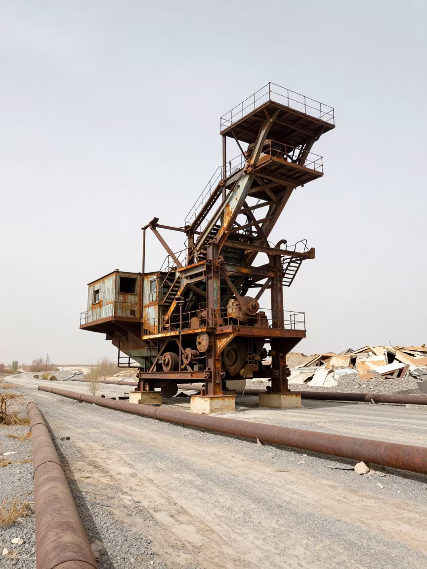 Rusting Ore Crusher in Turkmenistan Quarry in along a service road lined with pipes in Turkmenistan