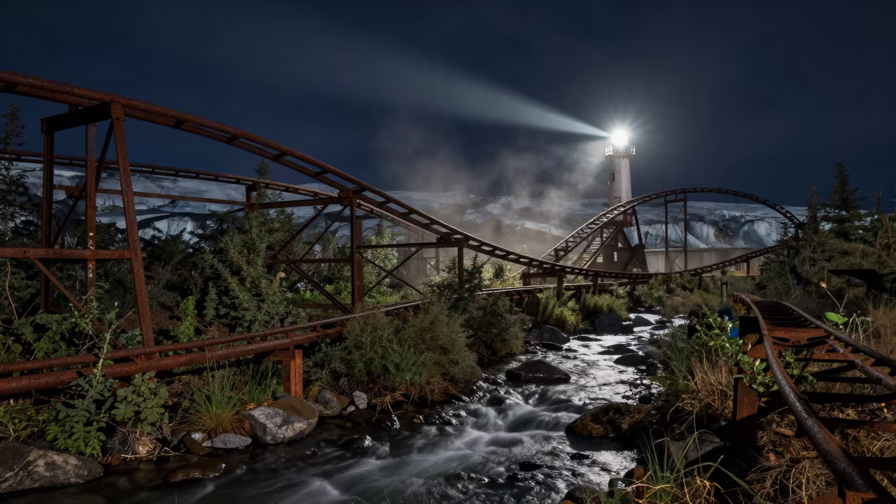 Rusting Roller Coaster Track Above Glacial Stream in above a glacial stream near Genoa