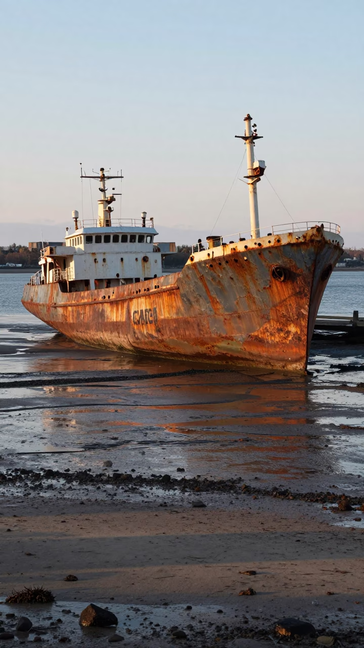 Rusting Ship Beached on Halifax Tidal Flats at Nautical Dawn in in Halifax, Nova Scotia, Canada