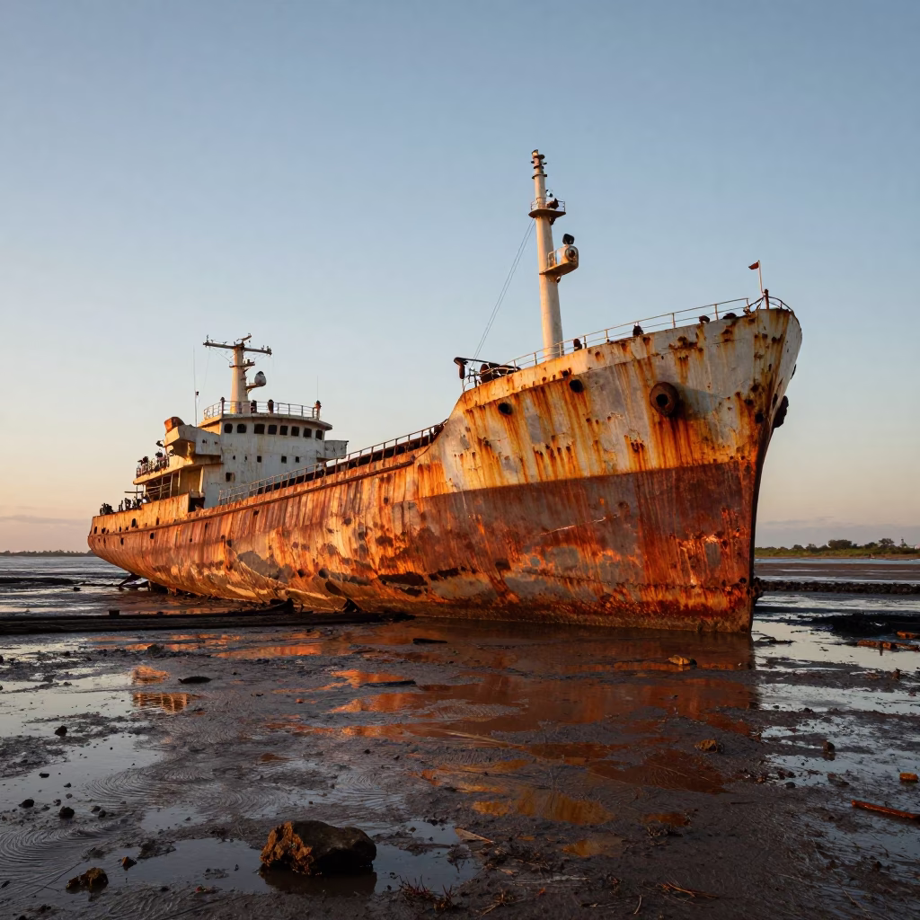 Rusting Ship Beached on Tidal Flat in Buenos Aires Argentina Honeyed Evening Light in in Buenos Aires, Argentina