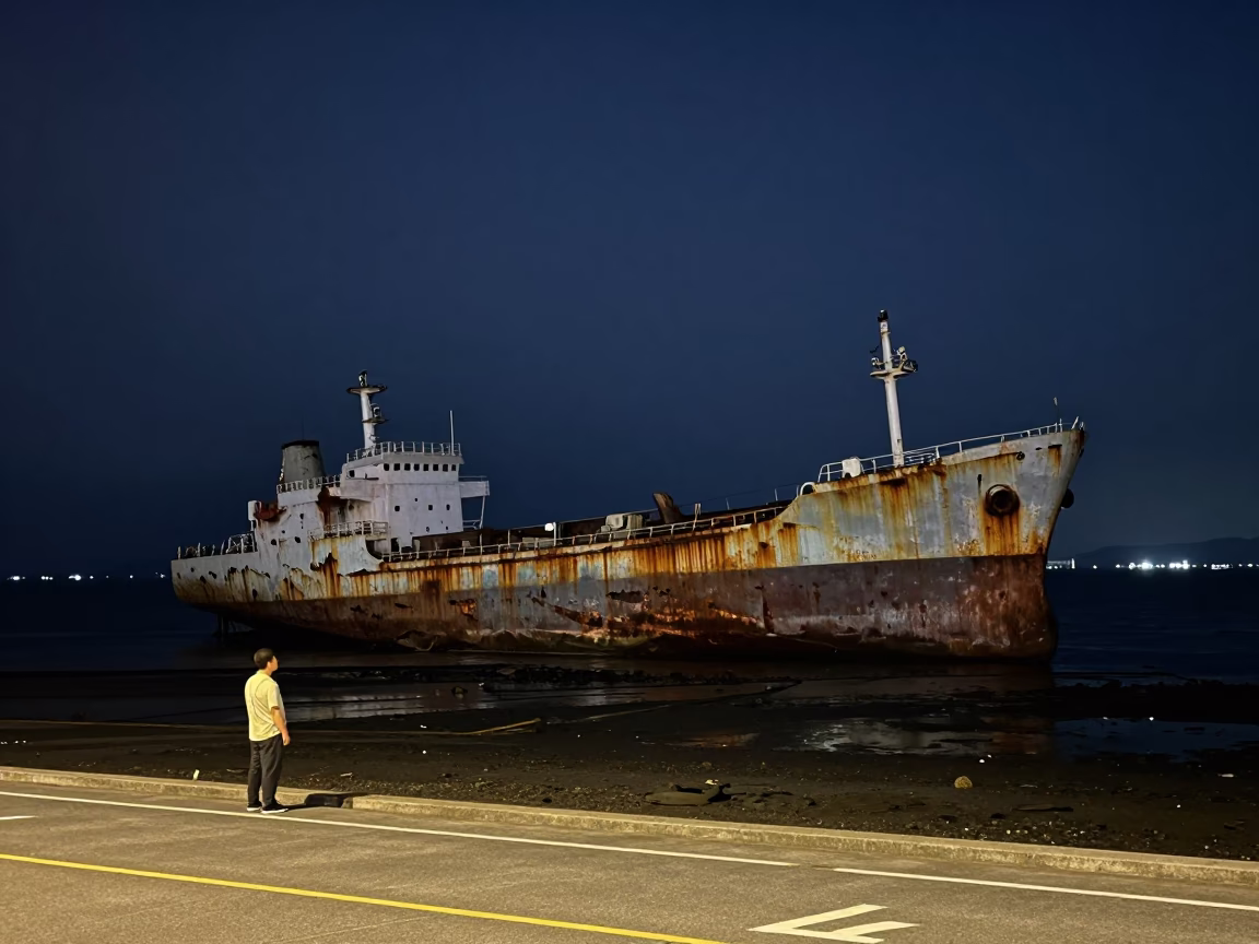 Rusting Ship in Kaohsiung at Midnight Light in in Kaohsiung, Taiwan