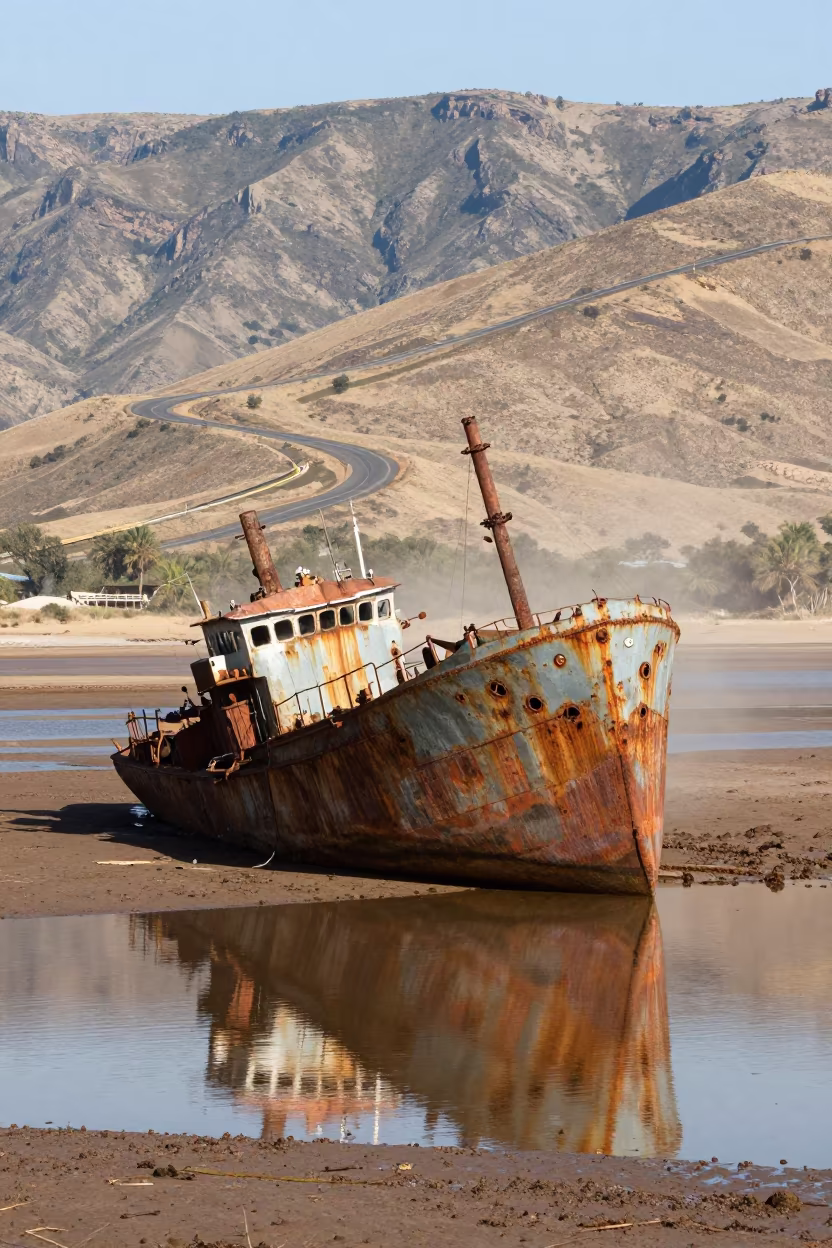 Rusted Ship on Lesotho Flat with Water Reflections in along a switchback approach in Lesotho