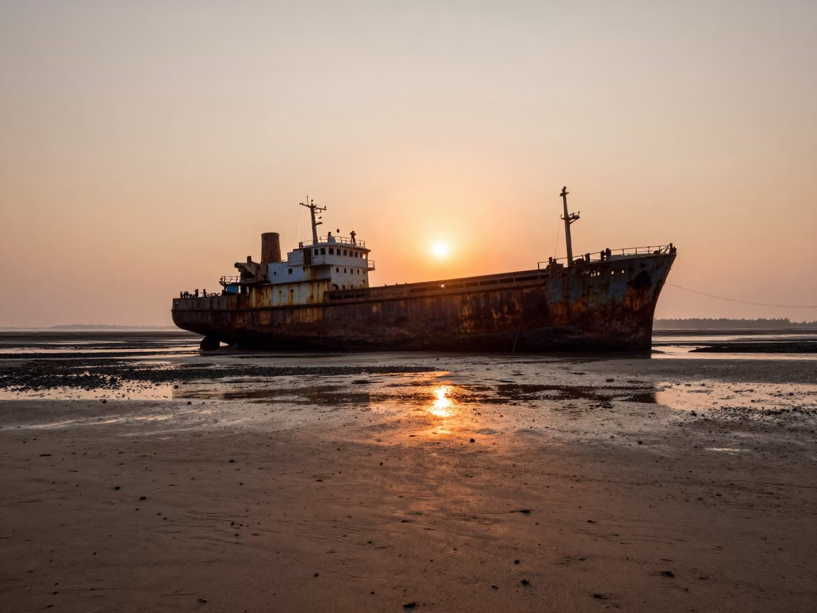 Rusting Ship on Tidal Flat at Sunset in Kochi India Realistic Street Photography in in Kochi, India