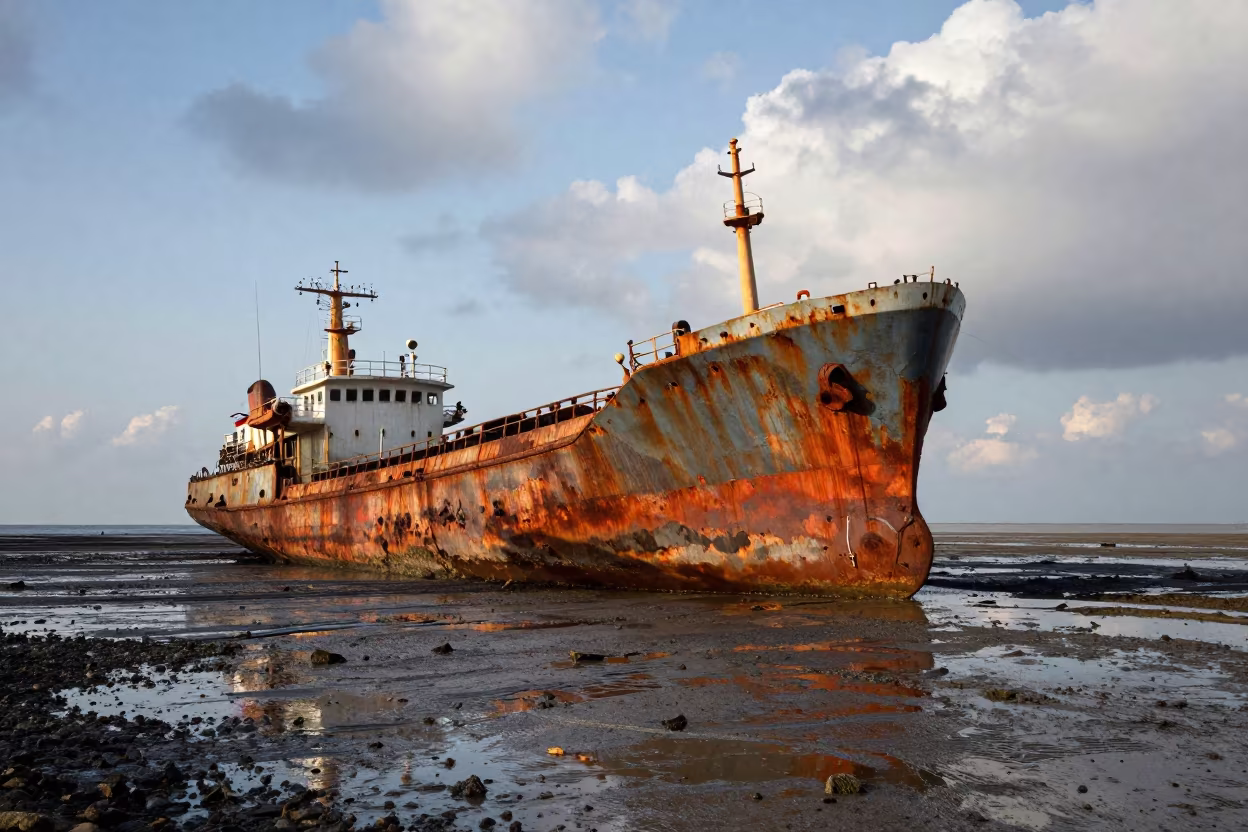 Rusting Ship on Tidal Flat Near Izmit in along a switchback approach near İzmit