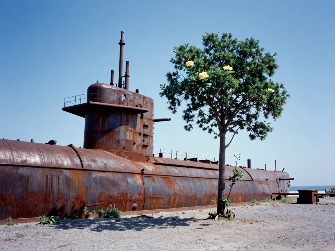 Rusting Submarine Tower With Giant Flower in across an active works site in United States