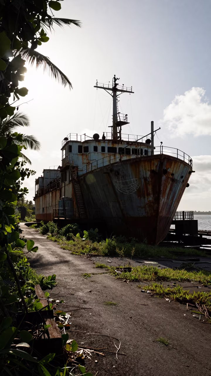 Rusting Whaling Station Silhouette in Vine Corridor in along a vine-choked corridor near Hartford