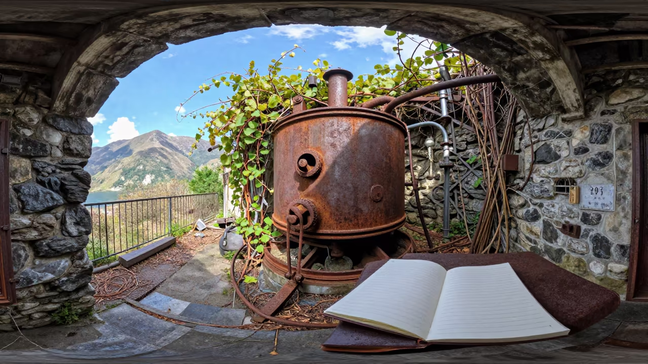 Rusted Boiler Notebook in Vine Choked Corridor in along a vine-choked corridor near Delmas