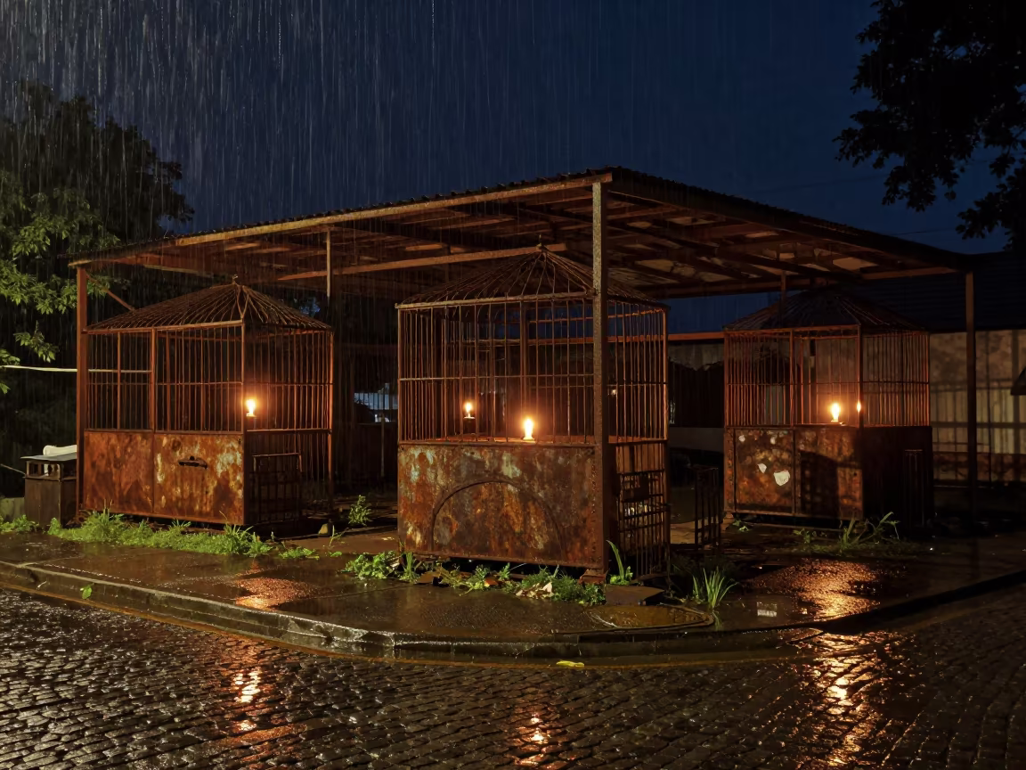 Rusted Circus Cages in Imphal Monsoon Night in at a street corner busking spot in Imphal