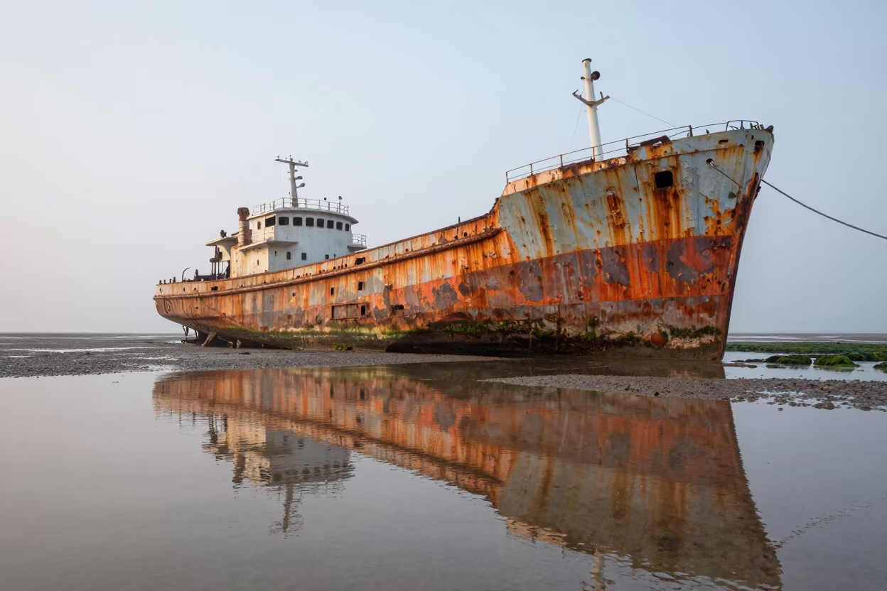 Rusty Derelict Ship on Veraval Tidal Flat in beside a fogbound harbor mouth near Veraval