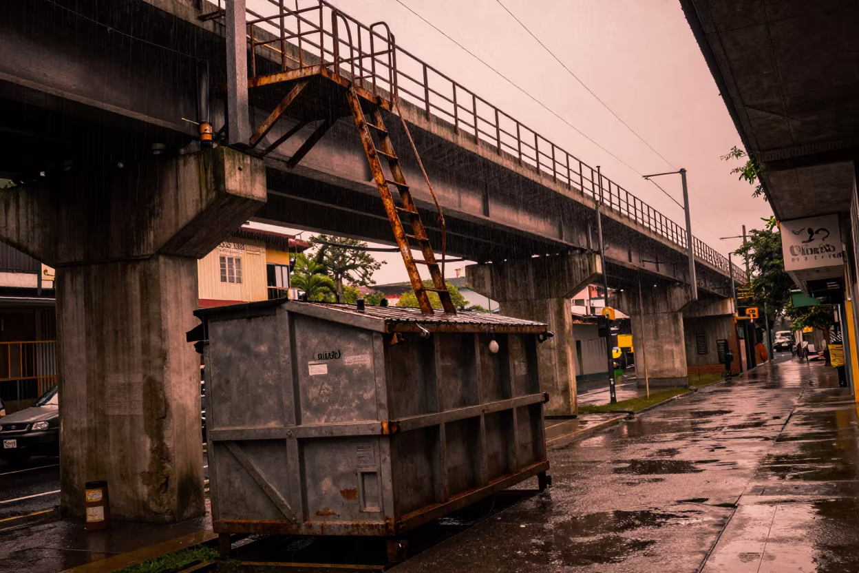 Rusty Fire Escape Above Alley Dumpster in Ibagué in under an elevated train line in Ibagué