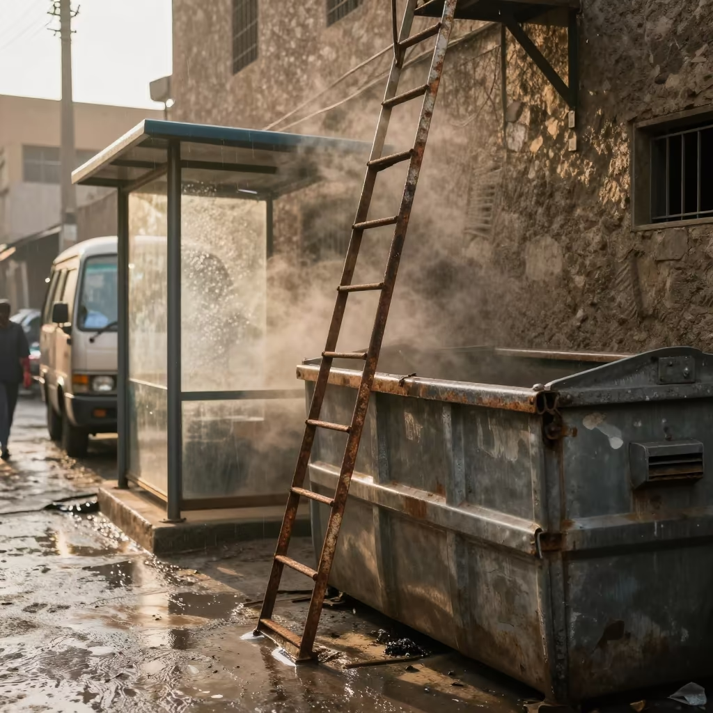 Rusty Fire Escape Ladder Over Alley Dumpster in beside a steamed-up bus shelter in Omdurman
