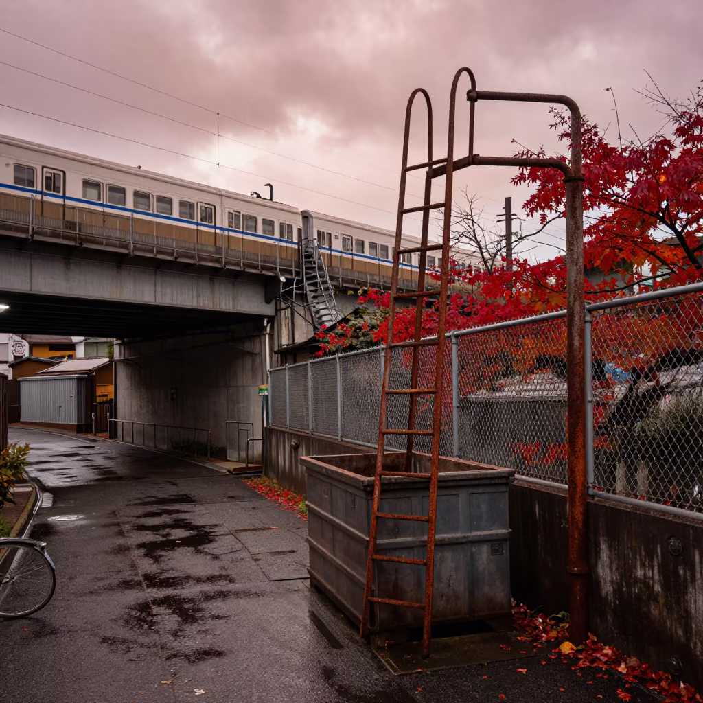Rusty Fire Escape Ladder Over Kyoto Dumpster in under an elevated train line in Kyoto