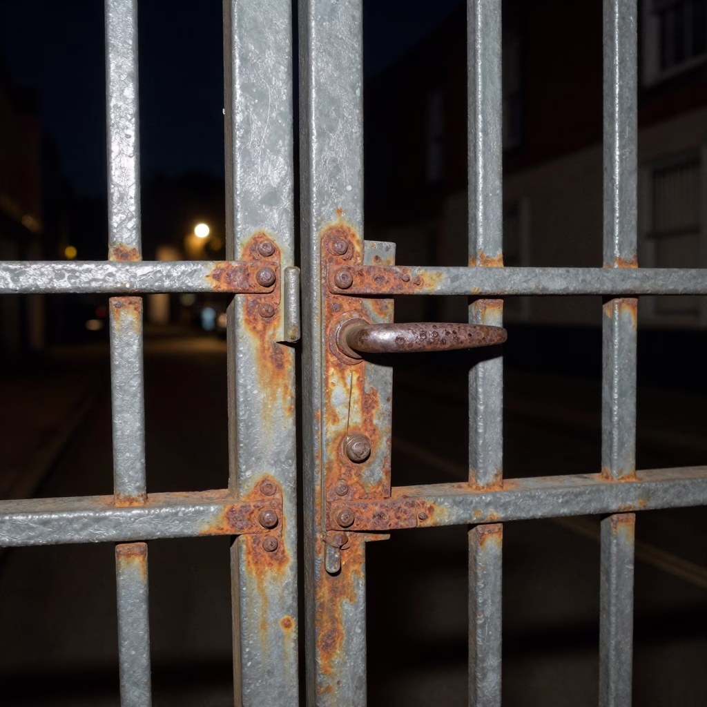 Rusty Gate Handle and Hinge Smudges at Night in Bristol United Kingdom Street Photography in in Bristol, United Kingdom