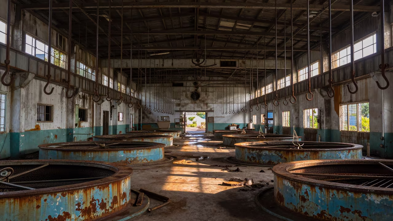 Rusty Hooks in Abandoned Raipur Fish Plant in on a scaffold platform near Raipur