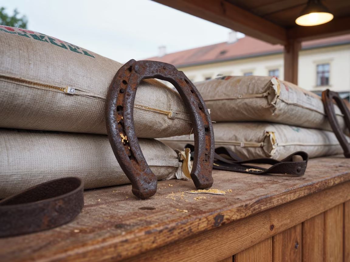Rusty Horseshoe on Brno Counter in on a grocer's counter with stacked paper sacks in Brno