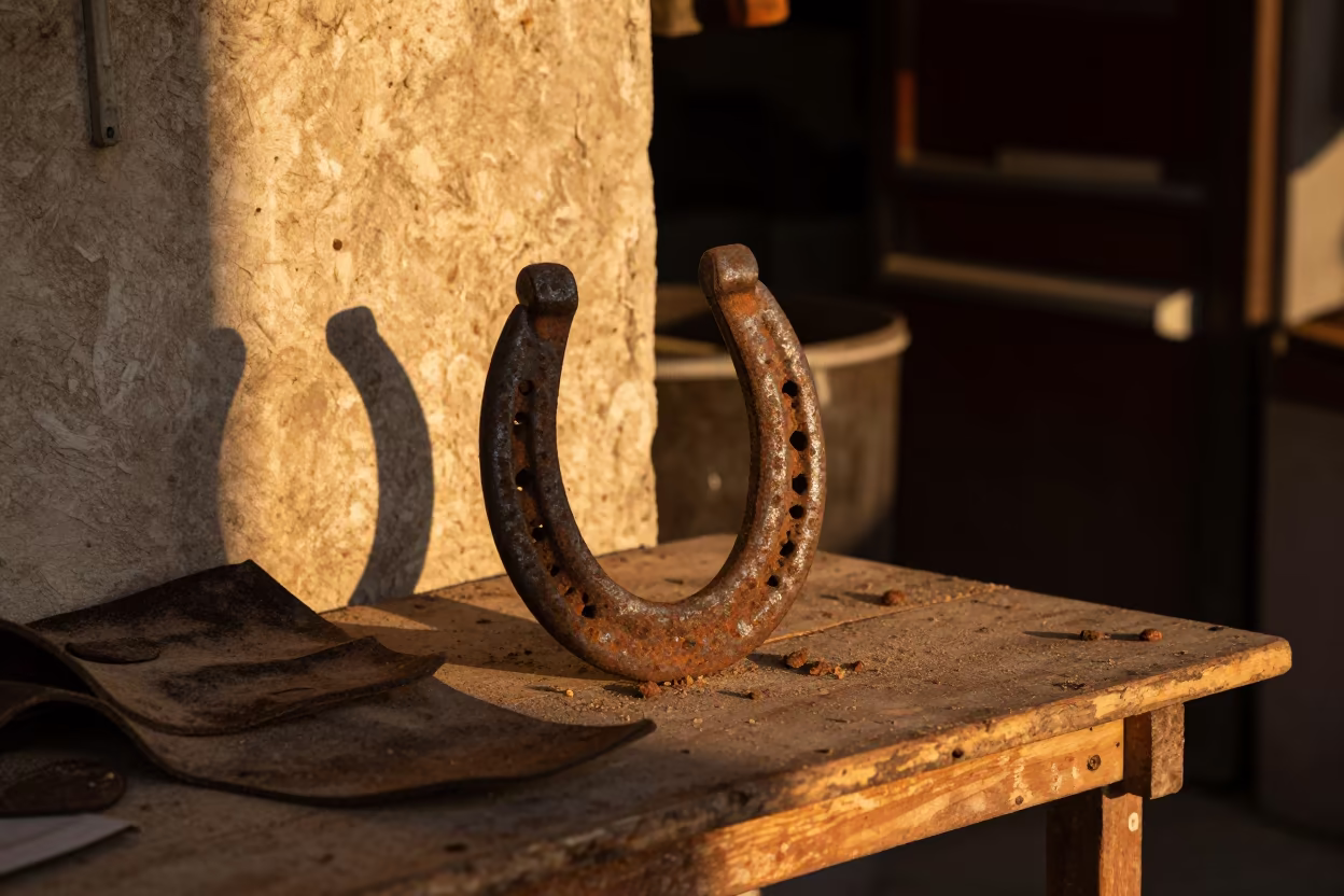 Rusty Horseshoe on Wooden Shelf in Karaman Market in on a wooden shelf inside a covered market near Karaman