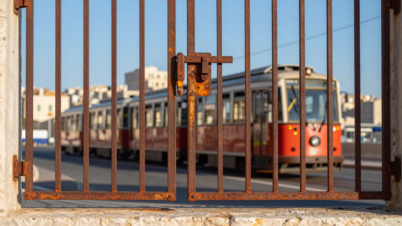 Rusty Iron Gate and Cable Car in Marseille Late Afternoon Light in in Marseille, France