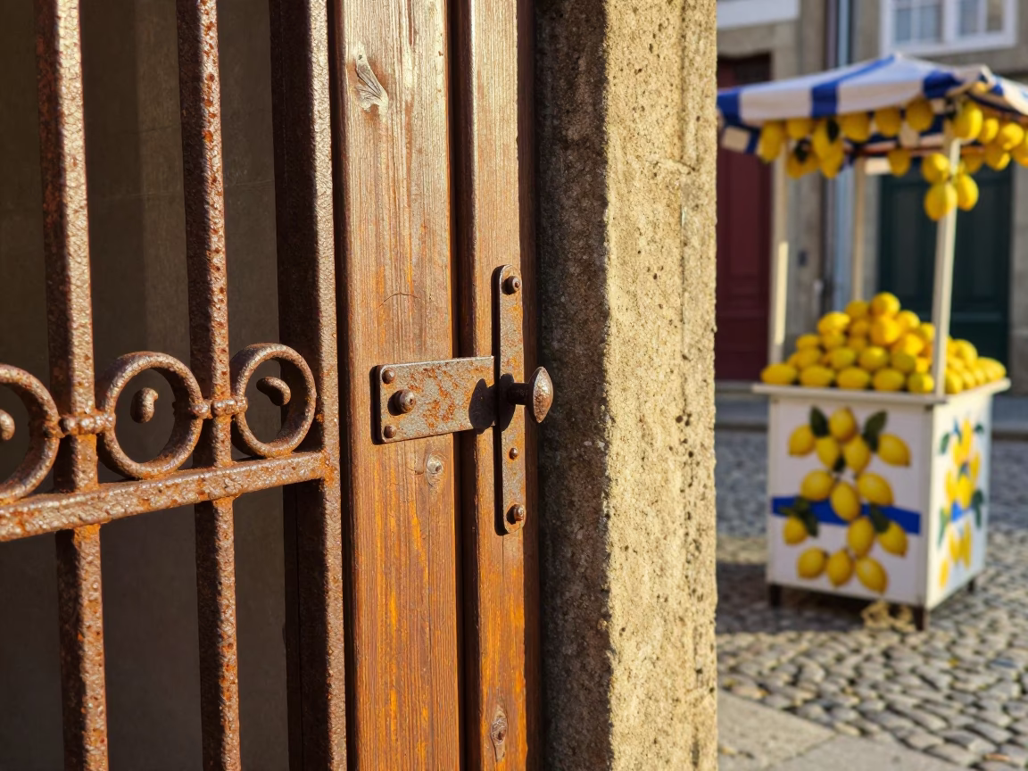 Rusty iron gate and lemon stall in Porto late afternoon light in in Porto, Portugal