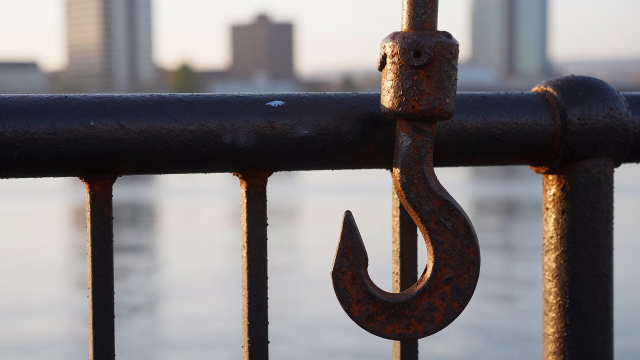 Rusty Iron Hook And Fingerprint Smudges just after sunrise in Portland in in Portland, Oregon, United States