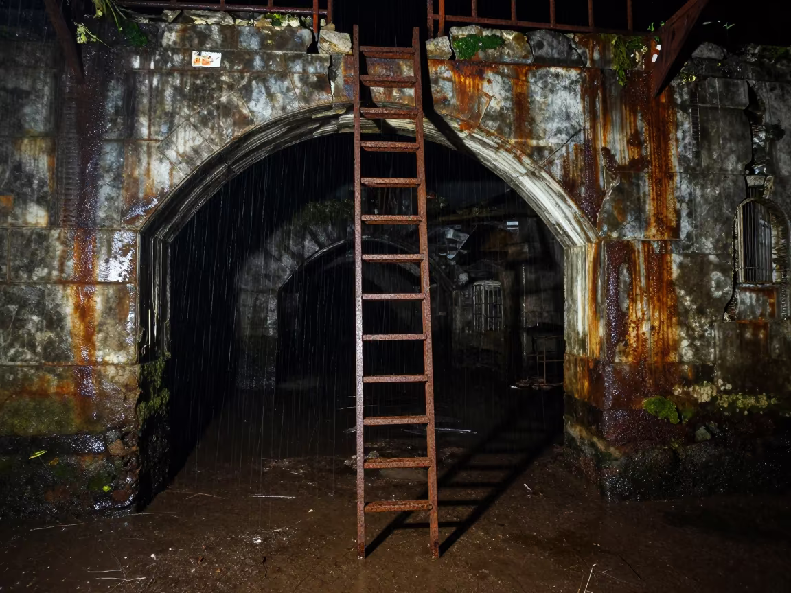 Rusty Ladder in Papuan Dry Dock Arch in beneath a broken stone arch in Papua