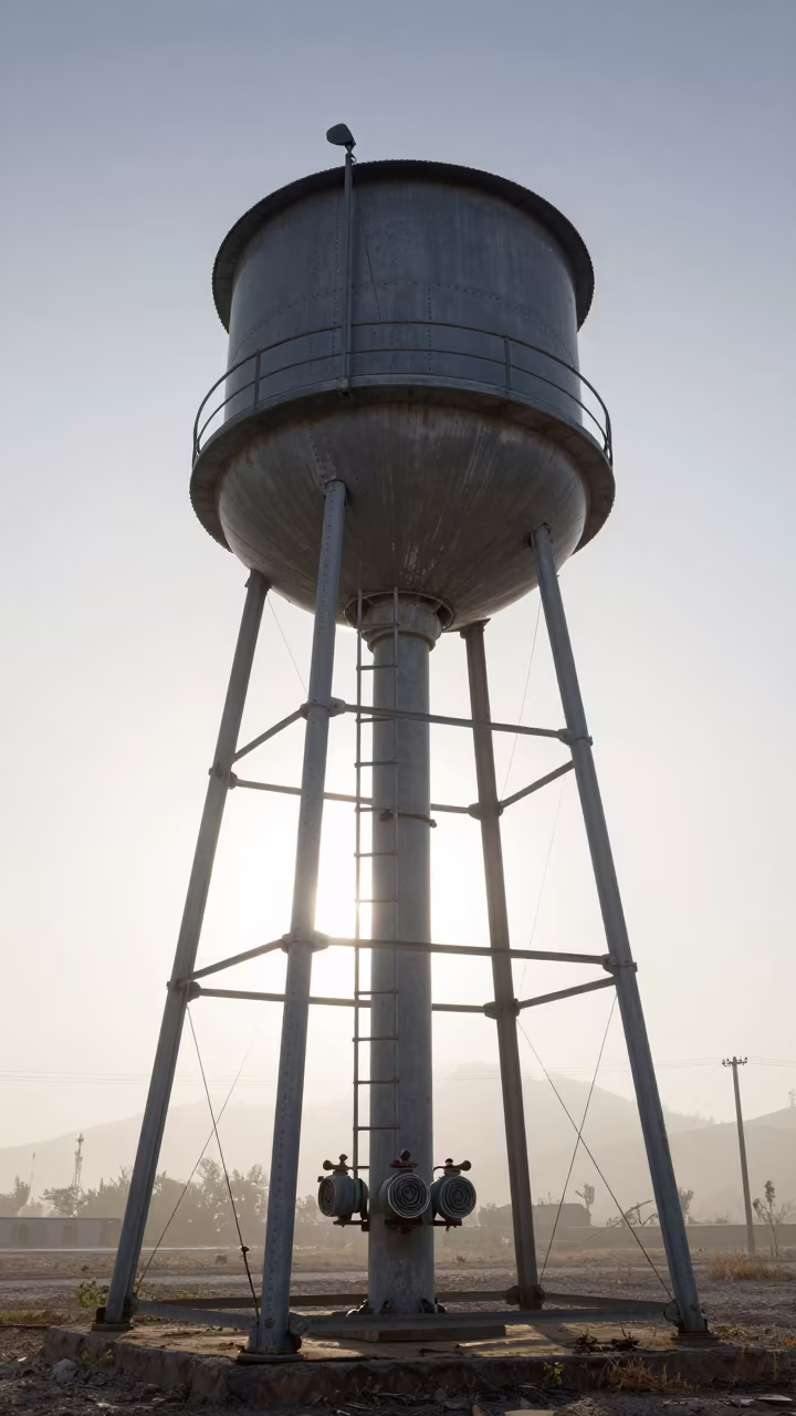 Rusty Ladder on Water Tower in Tajikistan Mist in across a windy overpass interchange in Tajikistan