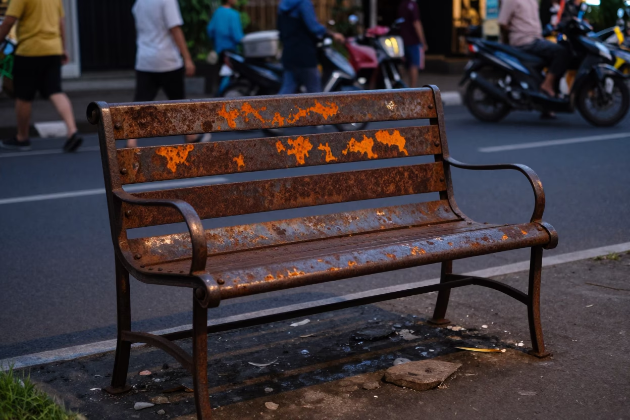 Rusty Metal Bench in Yogyakarta Street Corner at Early Evening with Vintage Vespa in in Yogyakarta, Indonesia