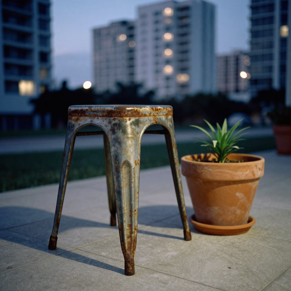 Rusty Metal Stool and Flowerpot in a Miami Florida Patio at Dusk in in Miami, Florida, United States