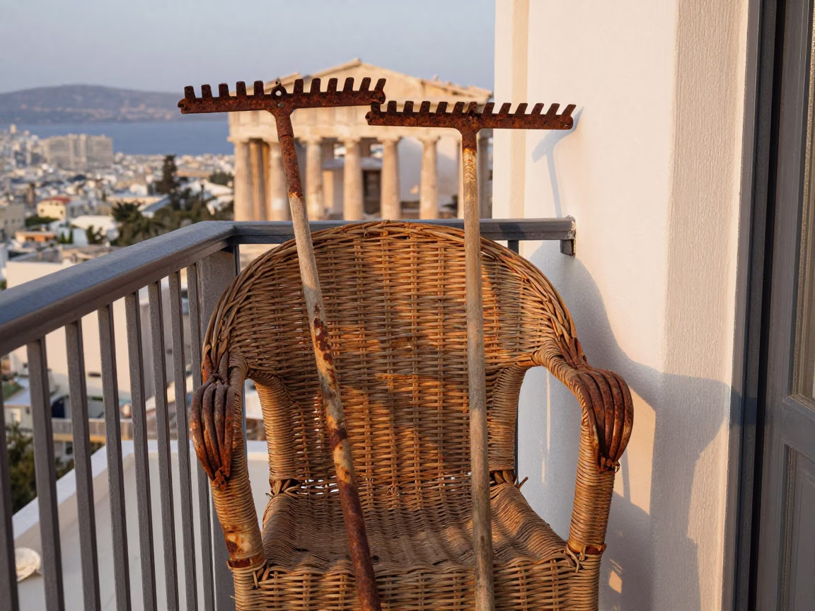 Rusty Rake Heads Resting on Weathered Wicker Chair in Athens Before Dusk in in Athens, Greece