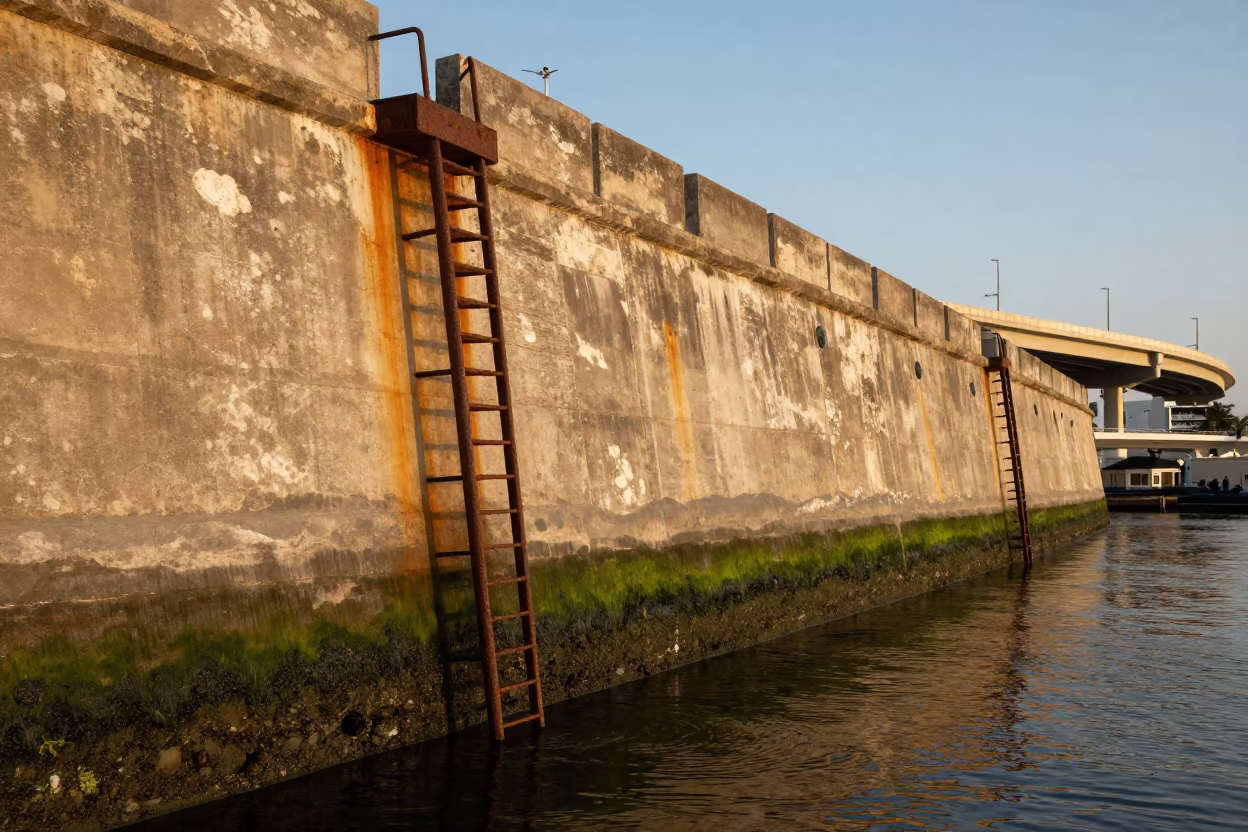 Rusty Sea Wall and Storm Ladders in Cartagena in across a windy overpass interchange near Cartagena