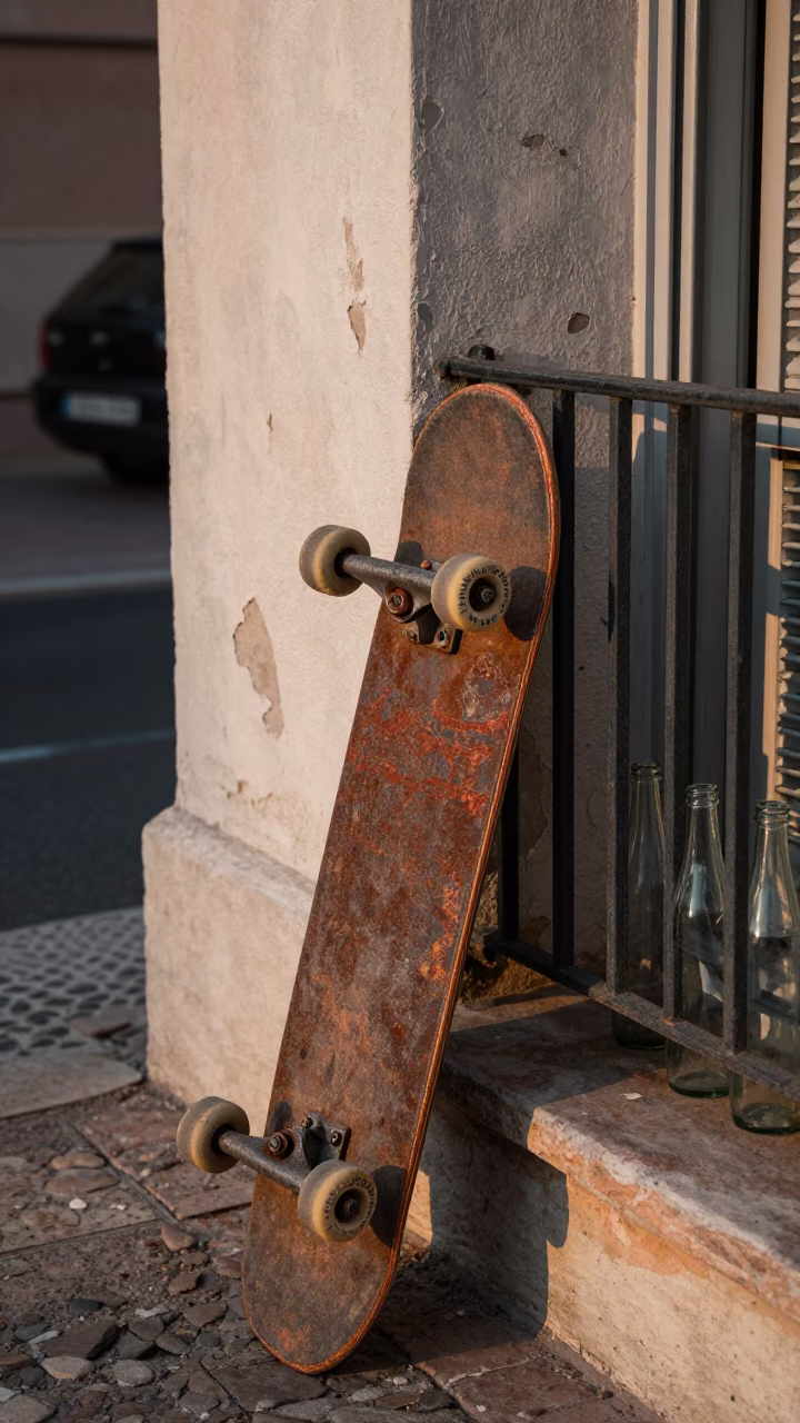 Rusty Skateboard and Glass Bottles on Marseille Balcony in Copper Dusk Light in in Marseille, France