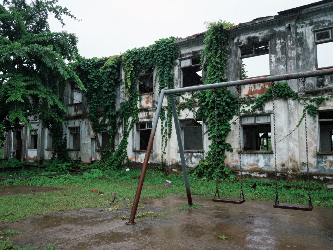 Rusty Swing Set in Monsoon Rain Myeik in along a vine-choked corridor near Myeik