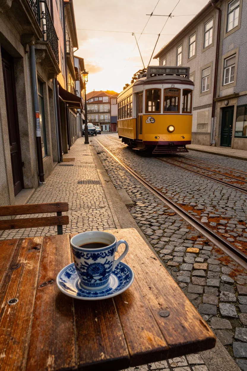 Rusty Tram Tracks and Blue Porcelain in Honeyed Porto Evening Light in in Porto, Portugal