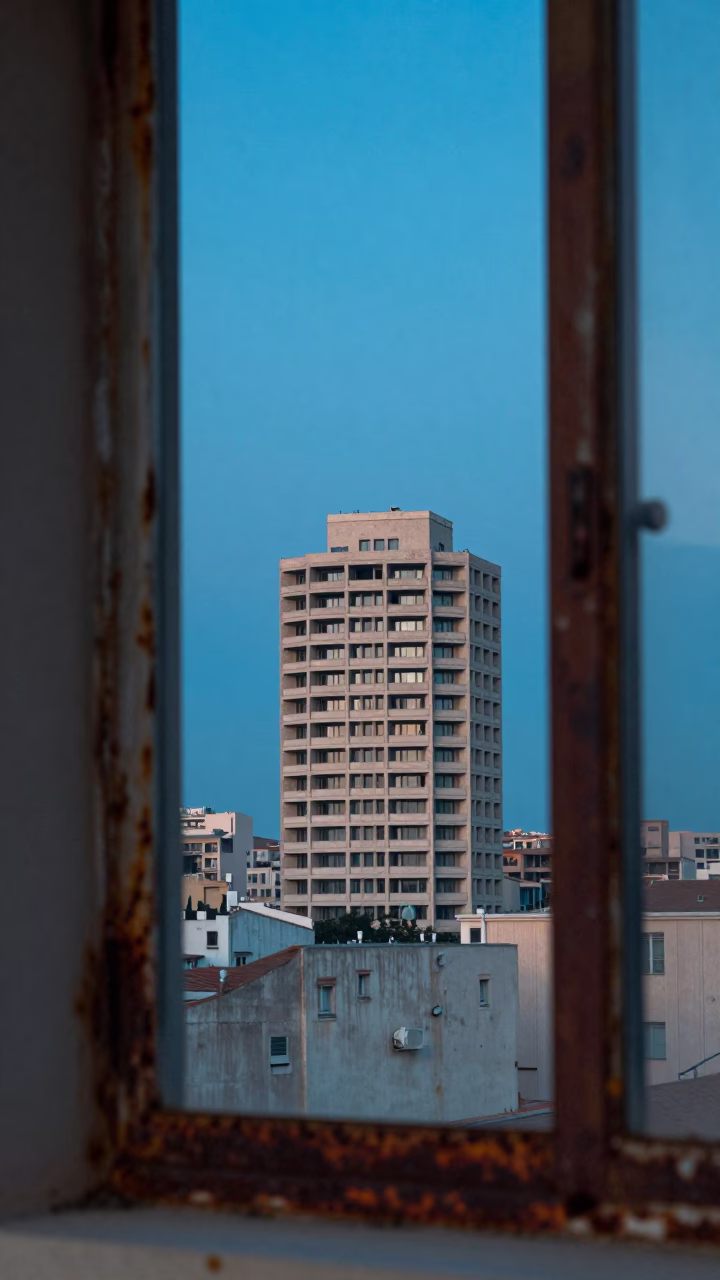 Rusty Window Frame and Brutalist Tower in Evening Blue Light Marseille France in in Marseille, France