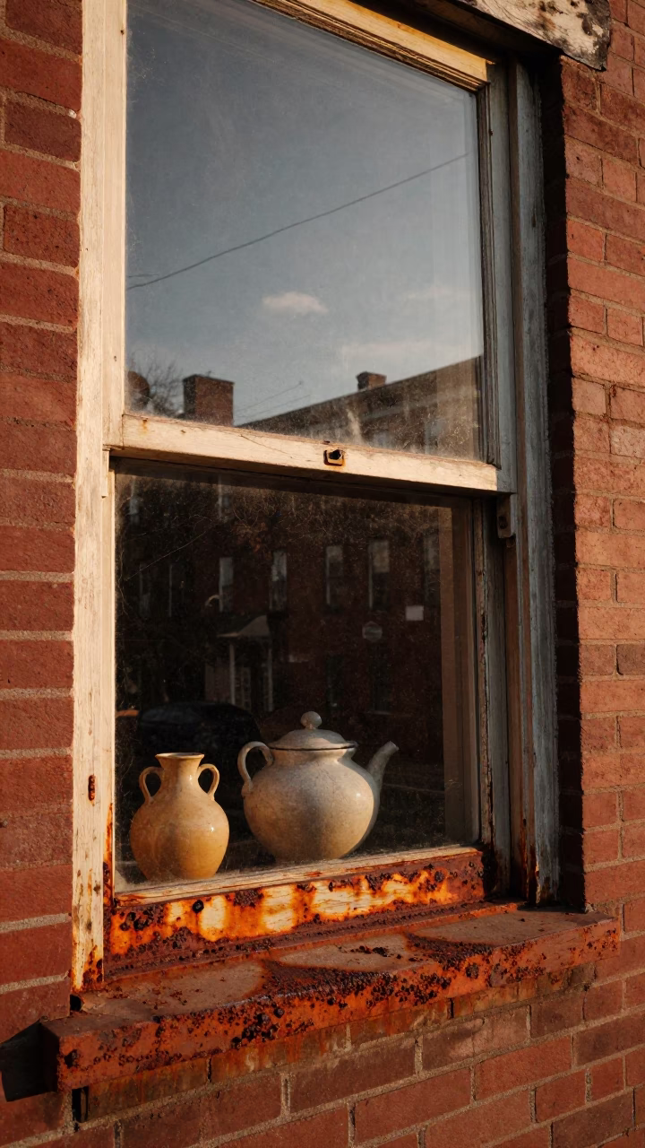 Rusty Window Frame and Salt Cellar in Honeyed Evening Light Boston Massachusetts in in Boston, Massachusetts, United States