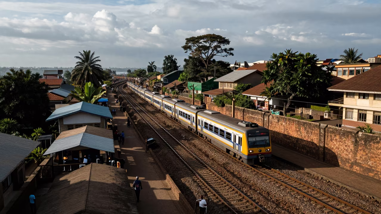 Rwanda Commuter Trains Brick Blocks Late Afternoon in along a switchback approach in Rwanda
