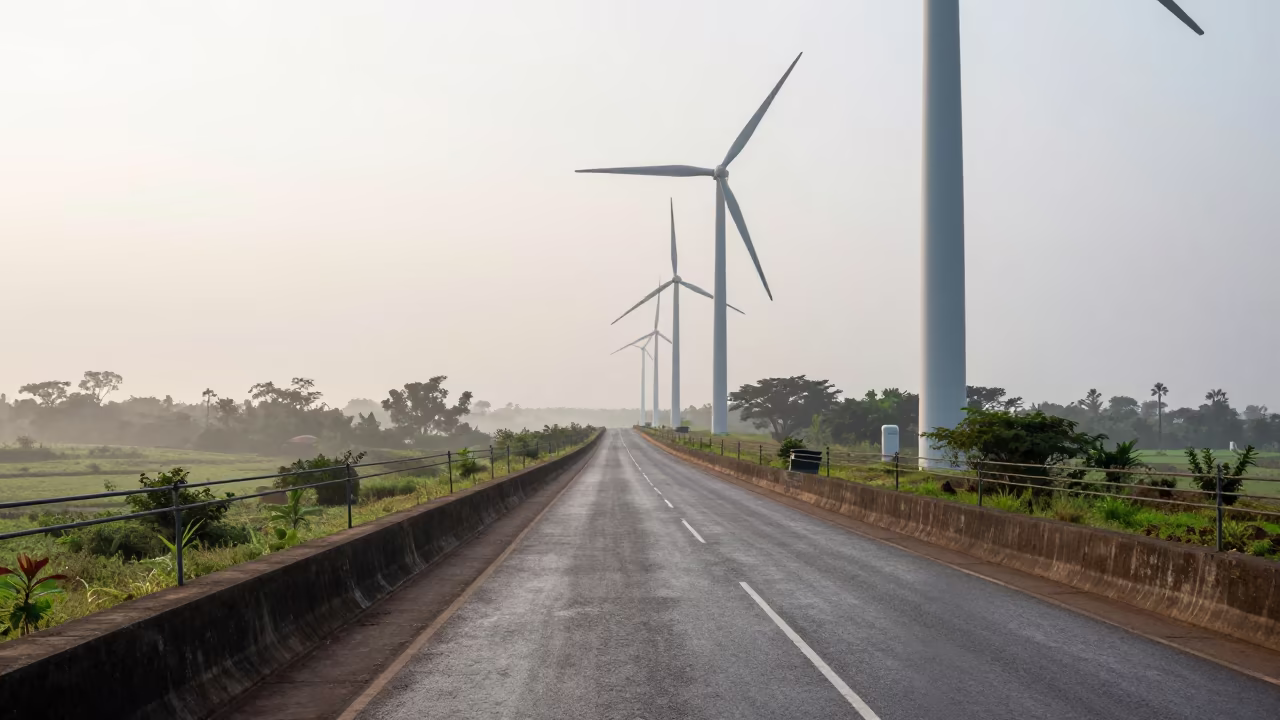 Rwanda Wind Farm Service Road Early Morning in along a dam spillway in Rwanda