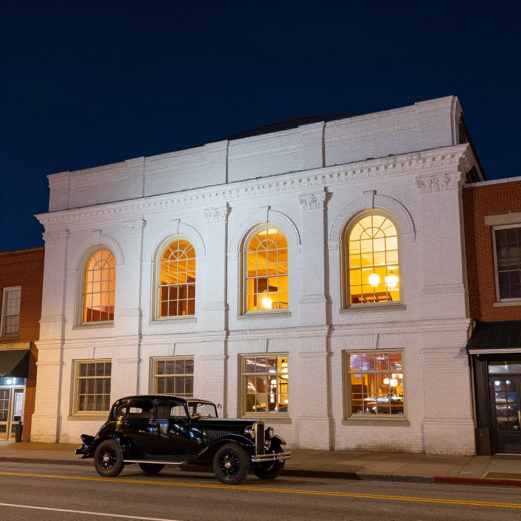 Ryman Auditorium Night Exterior with Vintage Car and Neon Sign in Nashville Tennessee in in Nashville, Tennessee, United States