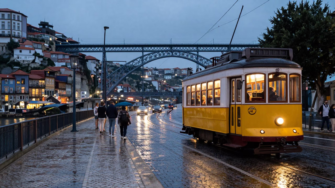 's Dom Luis I Bridge And Heritage Tram at Twilight in Porto in in Porto, Portugal